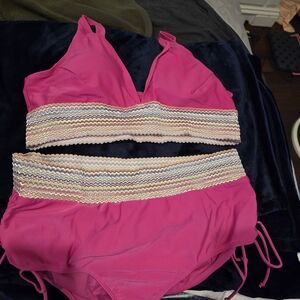 Hot Pink Two-Piece Swim Set with Smocked Multicolor Band